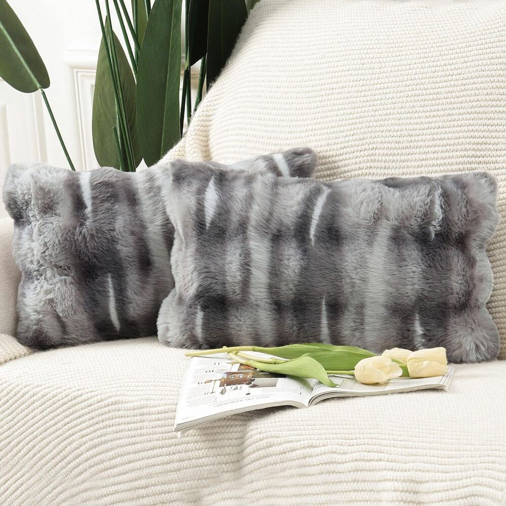 9355 Pack of 2 Thick Plush Wool Throw Pillow Covers 12x20 Inch Dark Grey